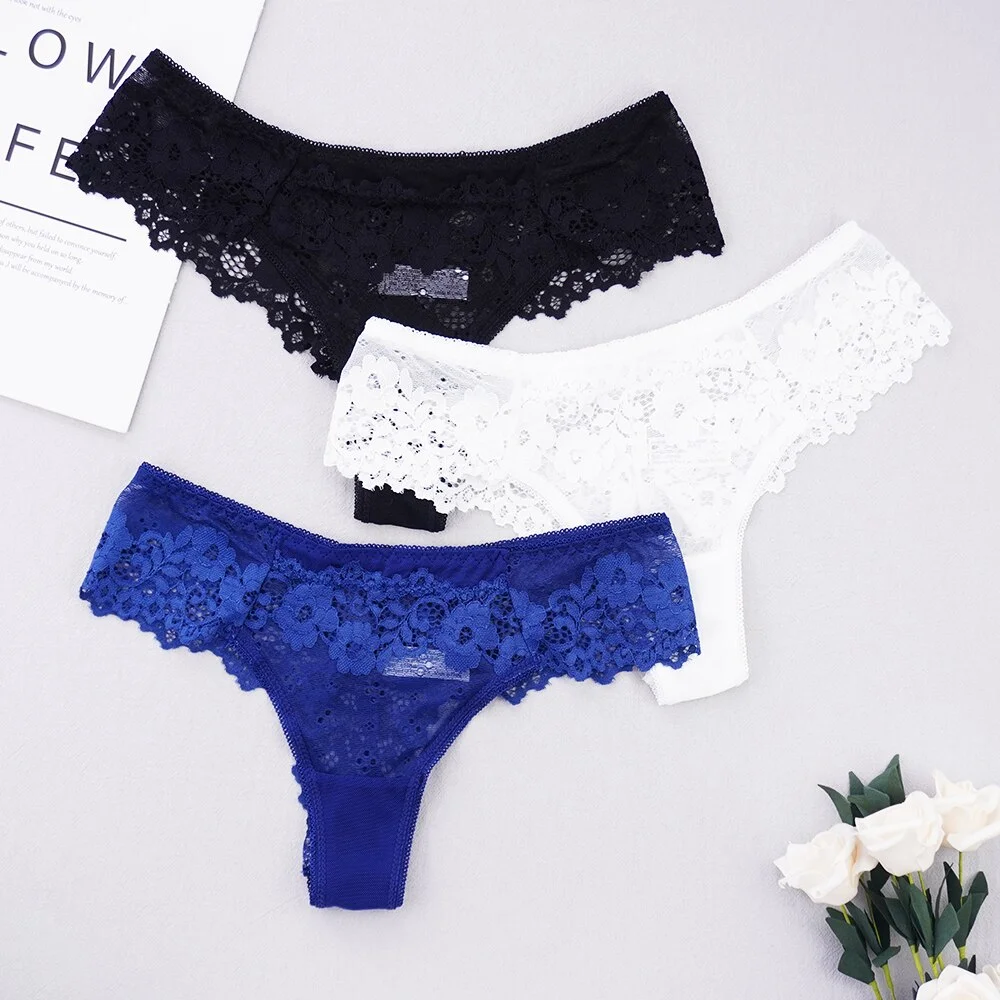 Billionm Sexy Lace Thong Low Waist Lace Transparent Panties Women Hollow out Breathable G String Briefs Bow Underwear Lingerie