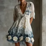 Women's Retro White Rose Embroidery Pattern Gradient Short Sleeve Dress - Image 2