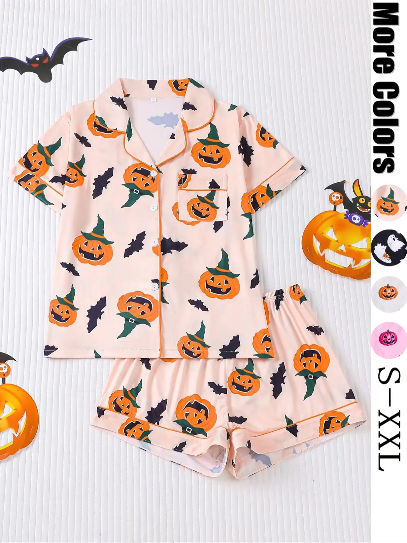 Women Christmas Pajama Set, Santa & Bowknot Tree Pattern, Short Sleeve Button-Up Shirt & Elastic Shorts, Casual All-Season Sleepwear Loungewear