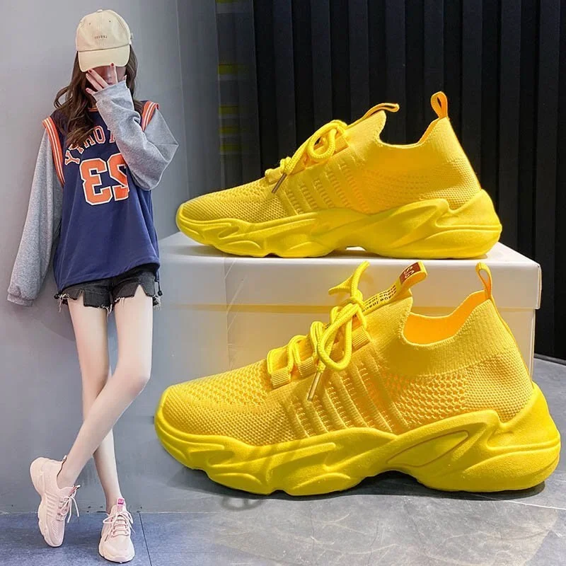 2021 New Fashion Yellow Sneakers Women Shoes Korean Breathable Mesh Platform Casual Shoes White Lace Up Women's Neon Sneakers