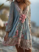 Boho Pink Roses Cottagecore Floral Linen Mini Dress
