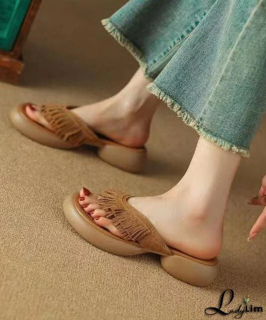 Brown Chunky Suede Boutique Tassel Splicing Slide Sandals