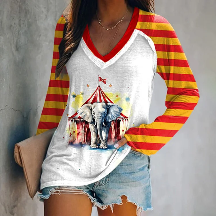 Cooles Outdoor-bedrucktes Langarm-T-Shirt mit V-Ausschnitt für Damen