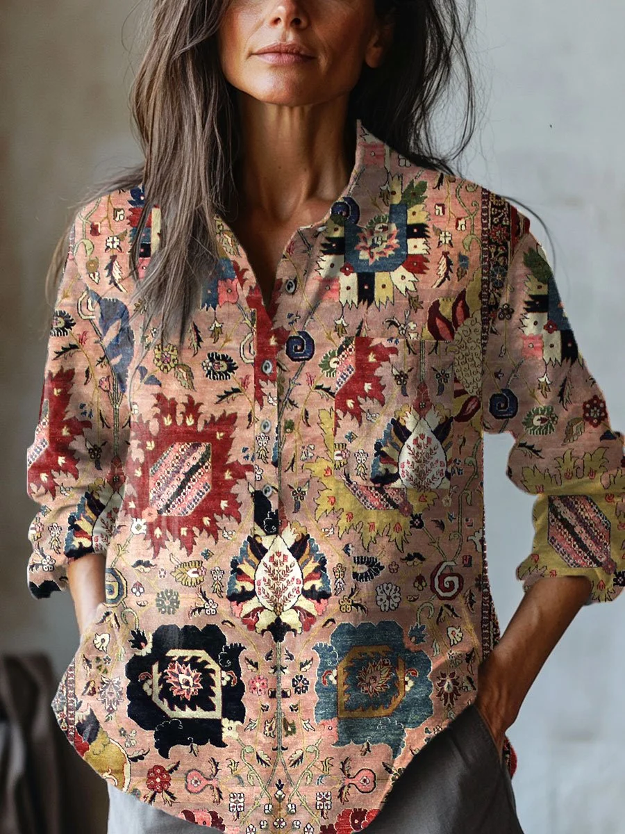 Women's   Floral  Art Print Casual Cotton And Linen Shirt