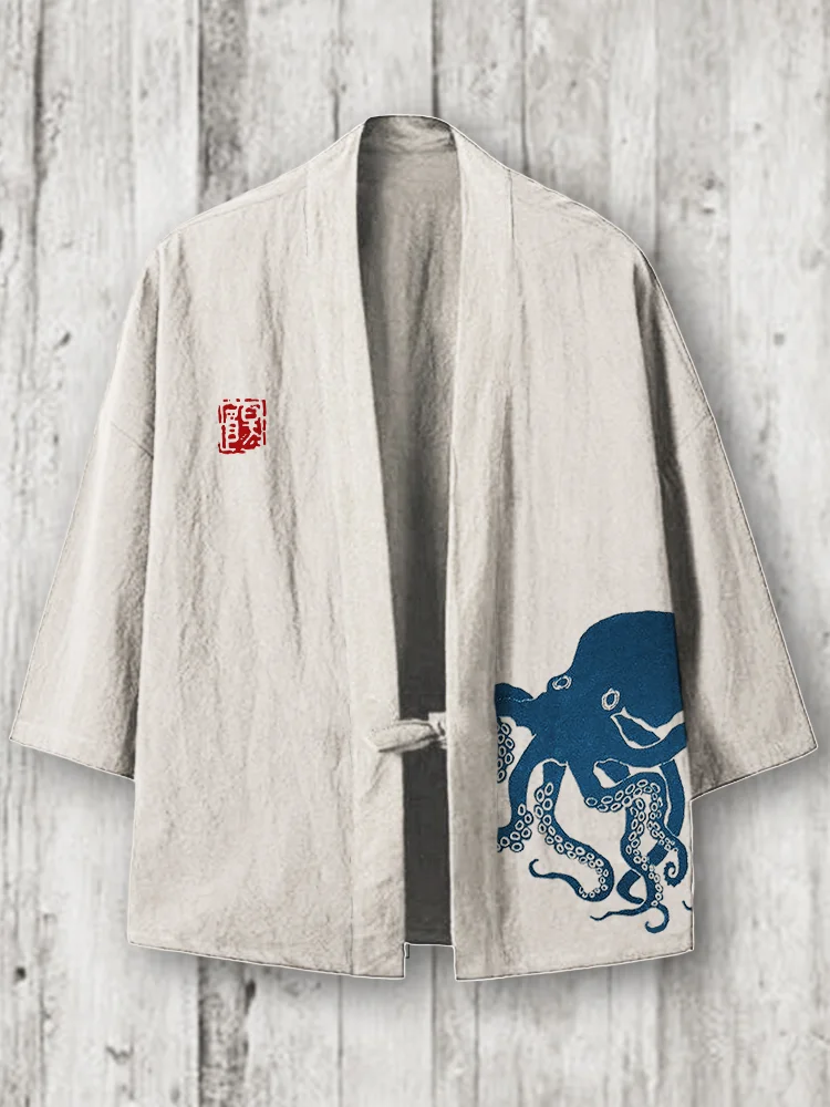 Octopus Japanese Lino Art Linen Blend Kimono Cardigan