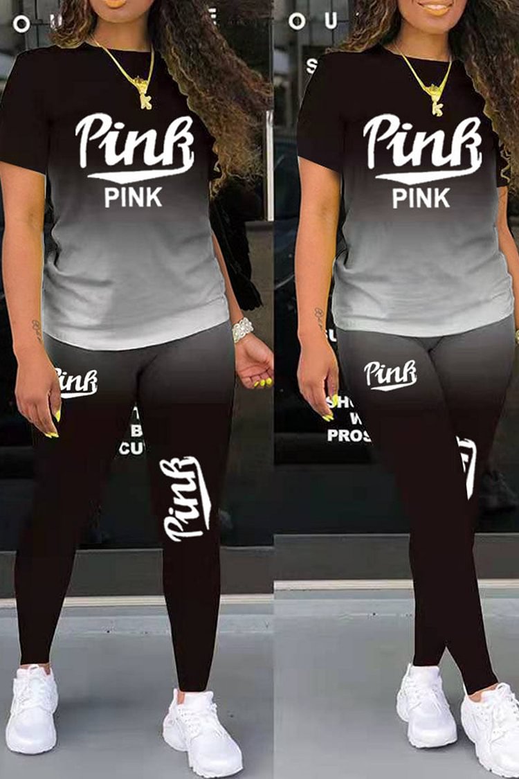 Casual Gradual Change Letter Print Split Joint O Neck Short Sleeve Two Pieces - Shop Trendy Women's Clothing | LoverChic