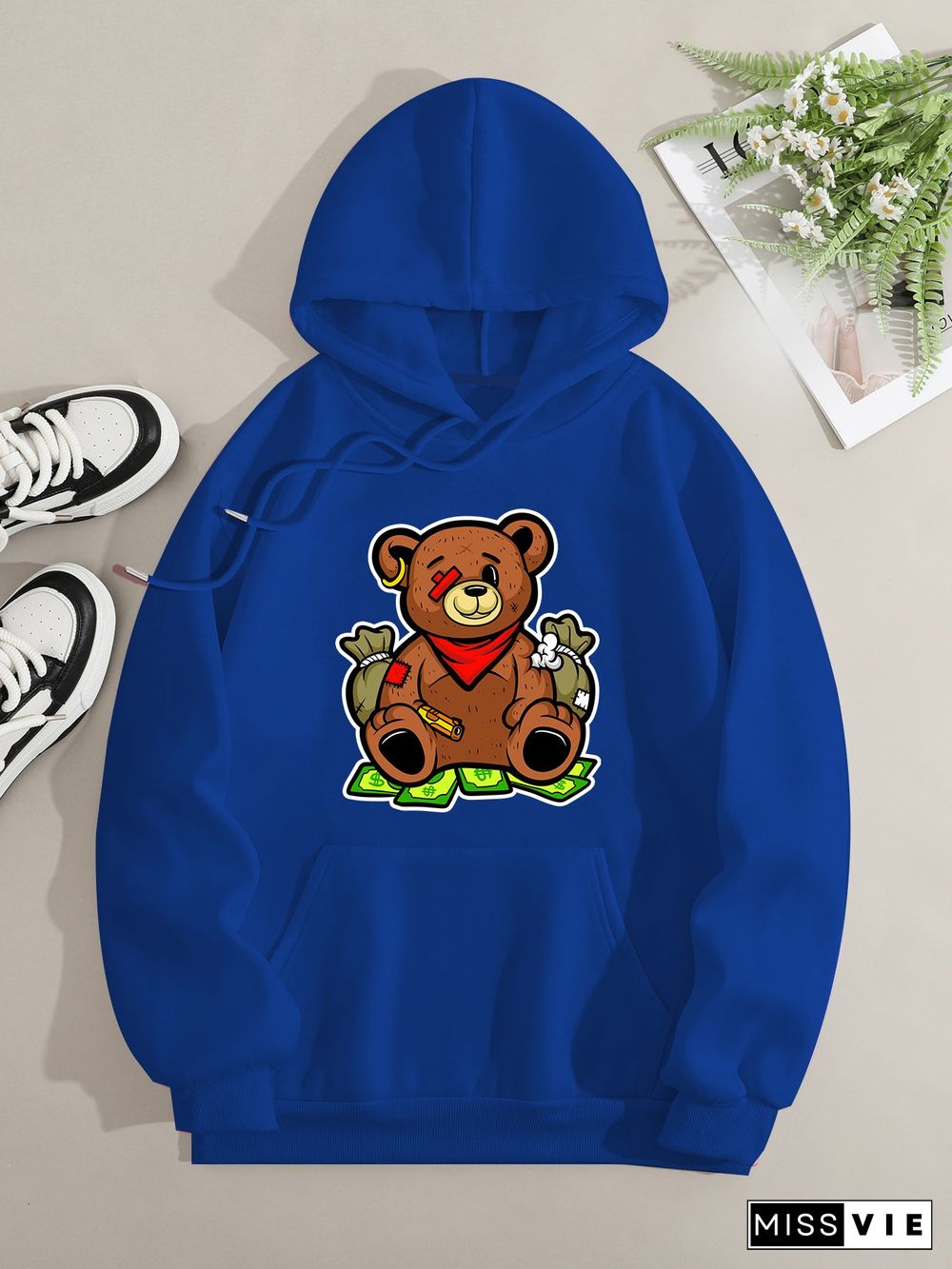 Printed on front Kangaroo Pocket Hoodie Long Sleeve for Women Pattern One-eyed bear and US dollar