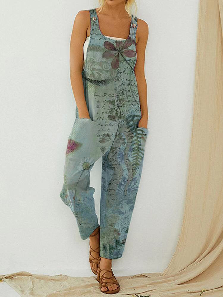 Vintage Portrait Print Sleeveless Pockets Button Jumpsuit For Women