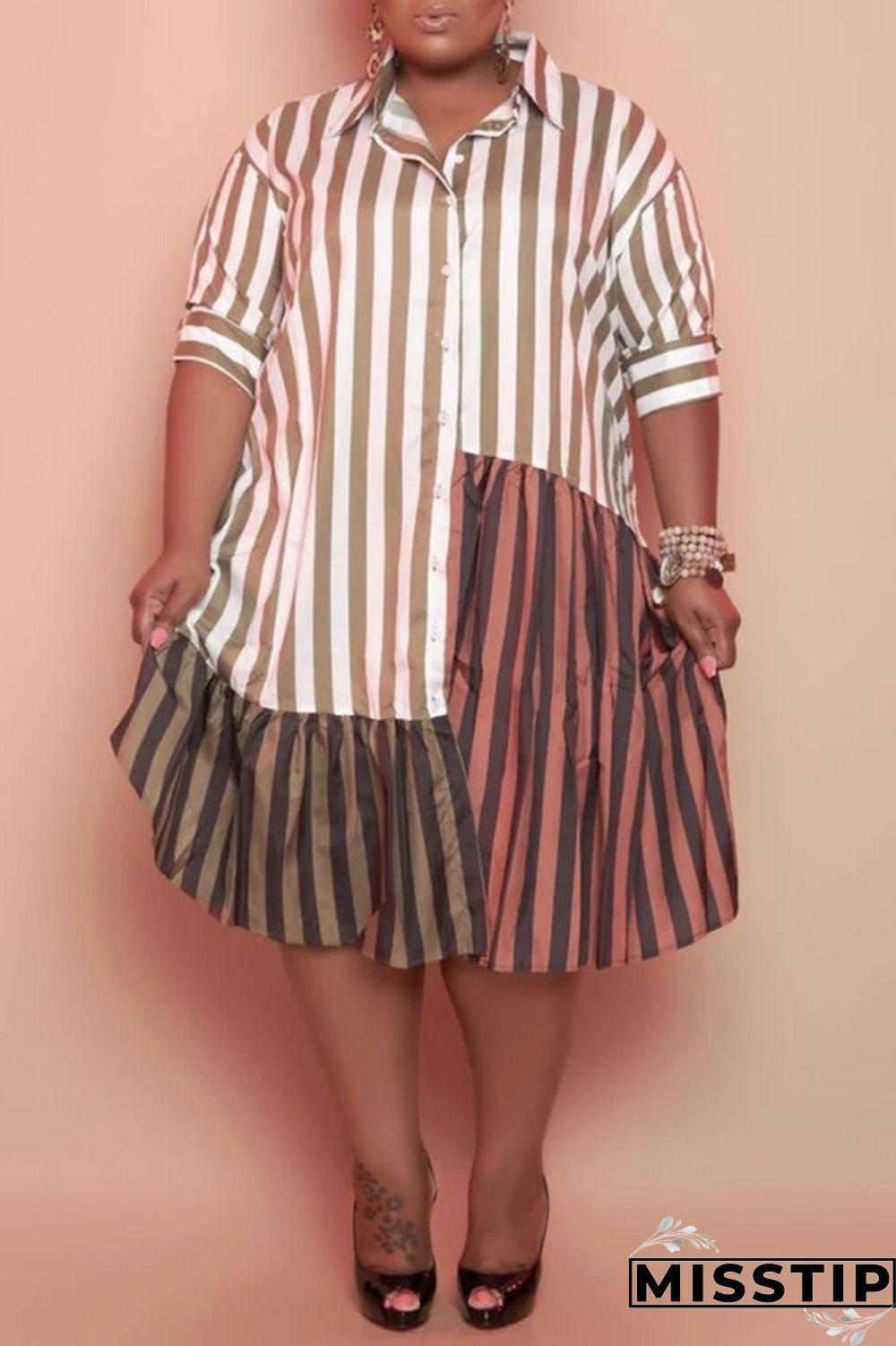 Brown Fashion Plus Size Striped Print Patchwork Turndown Collar Shirt Dress (Without Belt)