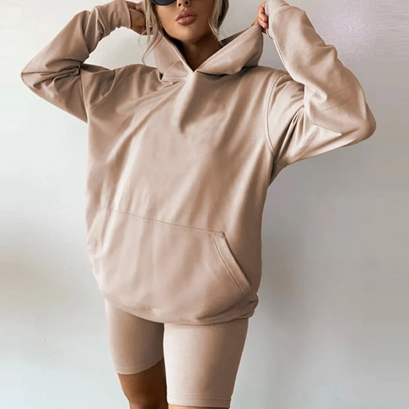Sexy Two Pieces Set Women Autumn Winter Casual Solid Color Hooded Suits Girls Fashion Loose Top Sports Shorts Sets Female 2021