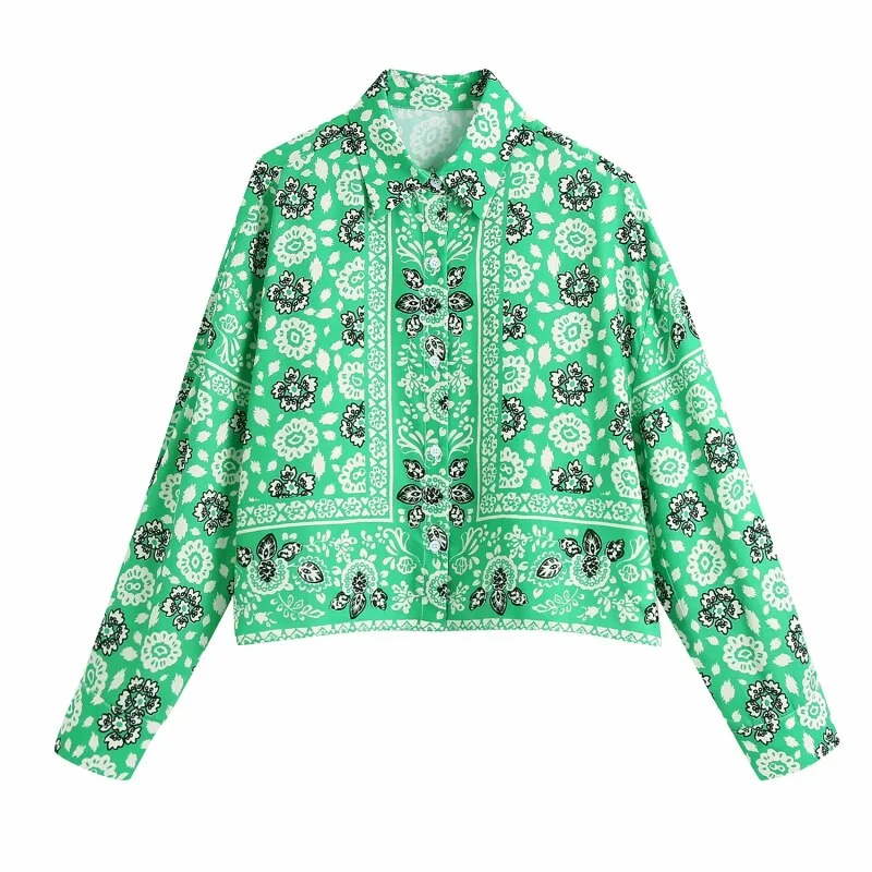 SLMD Stylish Chic Contrast Colors Floral Printed Short Blouses Women 2021 Fashion Lapel Collar Long Sleeve Shirts Female Tops