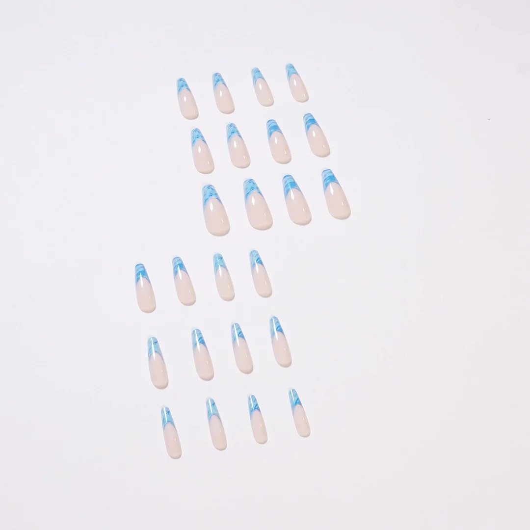 24Pcs/Set French Blue Waves Design False Nail French Full Cover Fake Nails Glue DIY Manicure Nail Art Tools-Nail Inspo