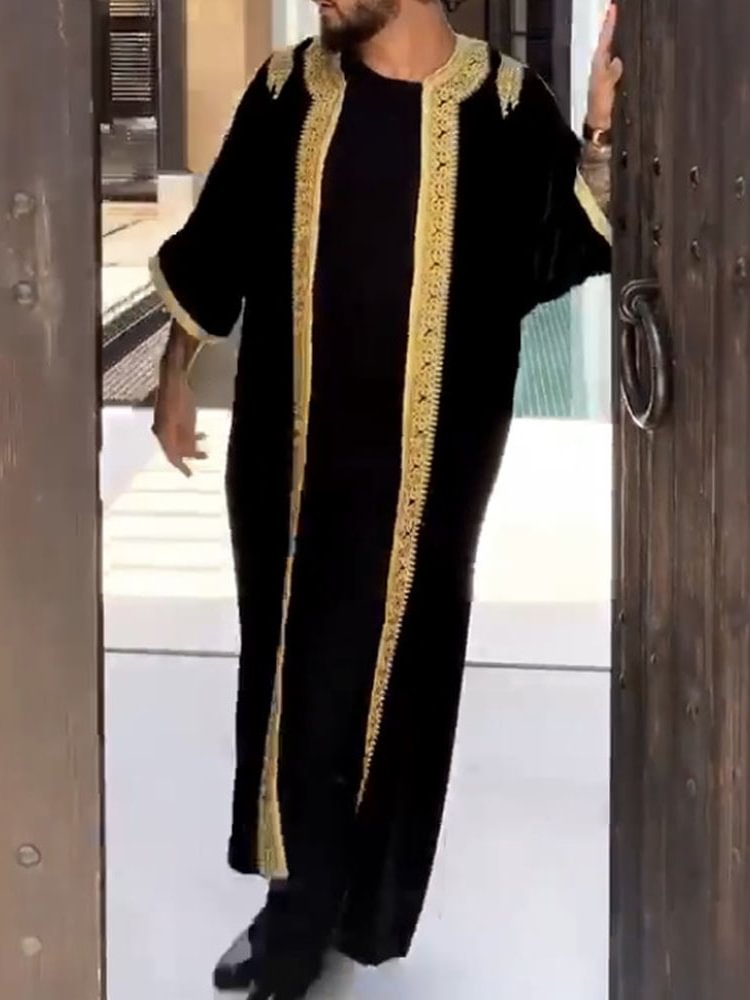 Muslim Black Casual Loose Striped Print Long Shirt Robe