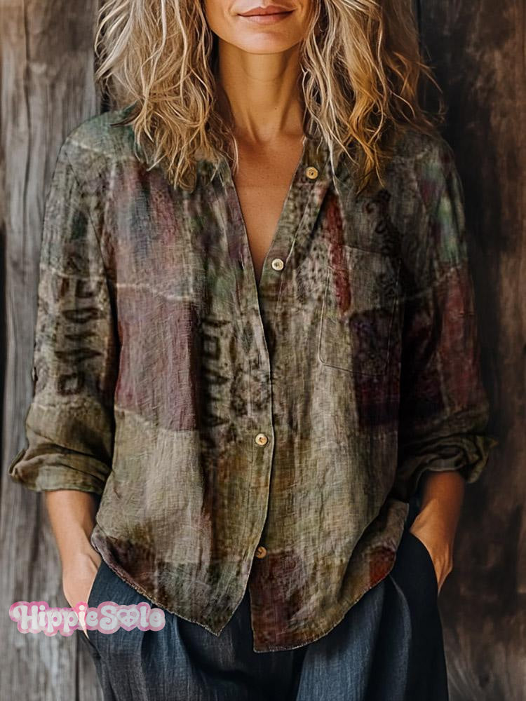 Women&rsquo;s Retro Patchwork Pattern Art Print Casual Long Sleeve Comfortable Cotton Shirt Multicolor / S