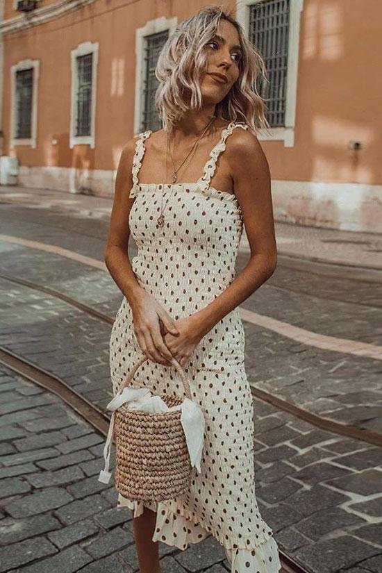 Polka Dot Ruffle Trim Shirred Beach Smocked Sundress-elleschic