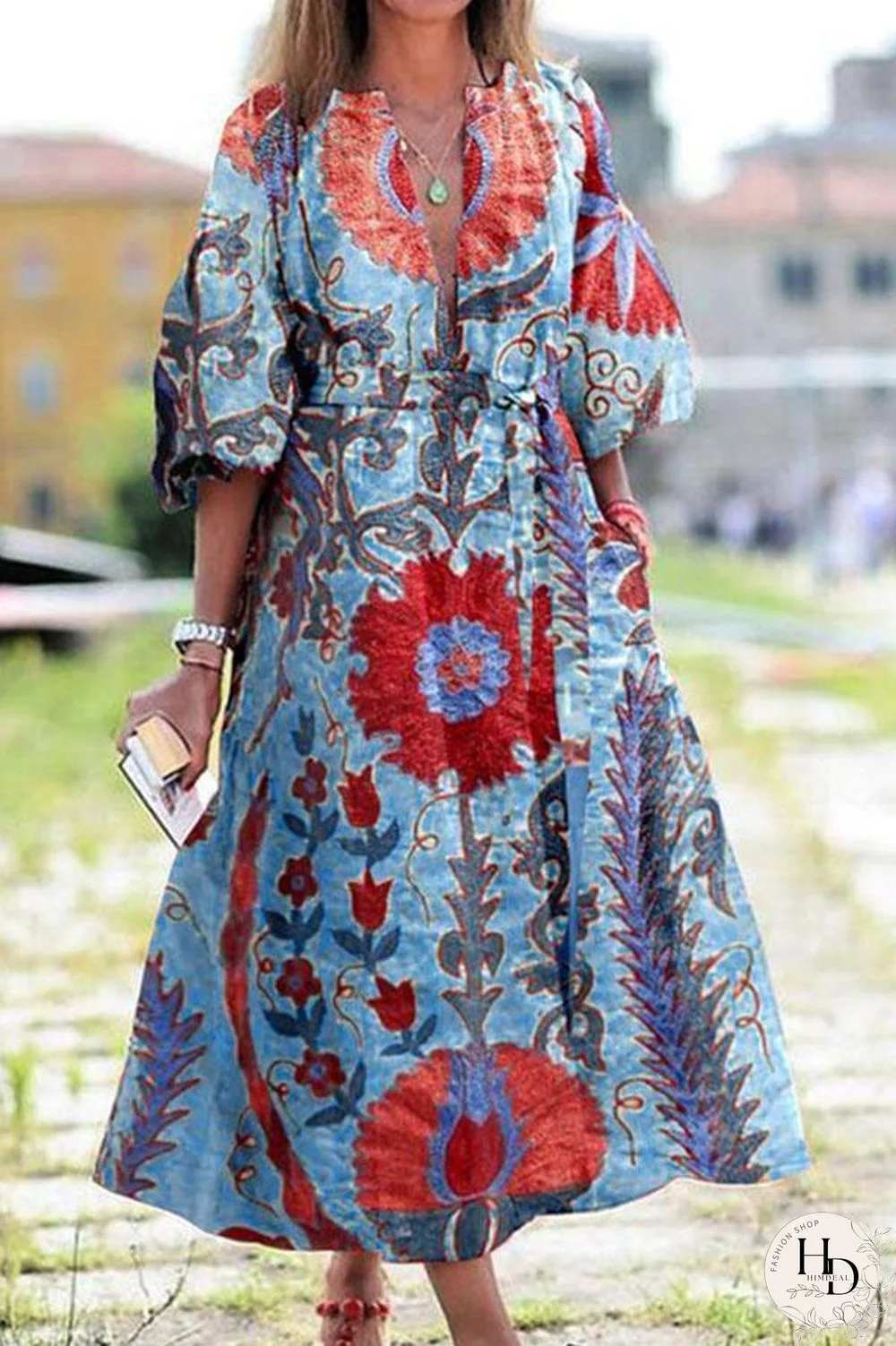 Ethnic Print Loose Mid-Sleeve Dress P11439