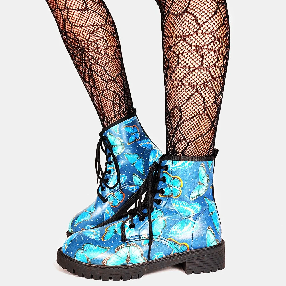 Brand Big Size 43 Cool Skulls Butterfly Rose Flowers Printed Gothic Style Ankle Booties Fashion Boots Street Women Shoes