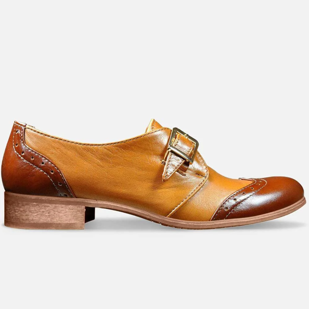 Brown Vegan Leather Round Toe Buckle Fastening Formal Oxford Shoes With Chunky Heels Nicepairs