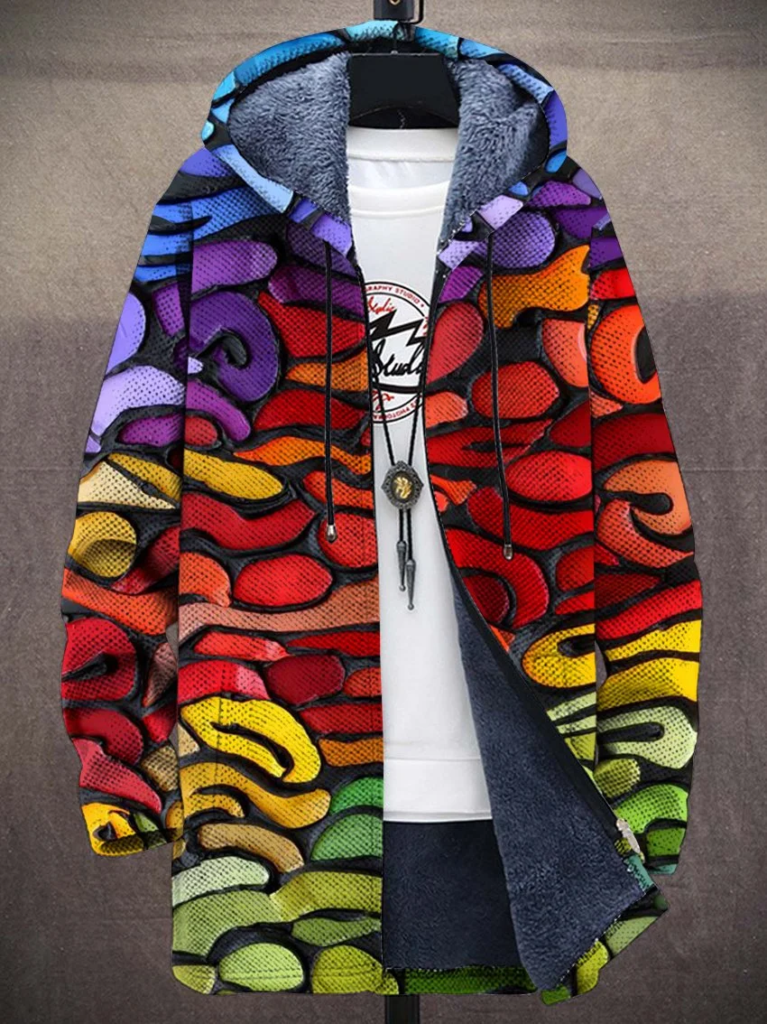 Unisex Rainbow Color Block Splicing Print Plush Thick Long-Sleeved Sweater Coat Cardigan