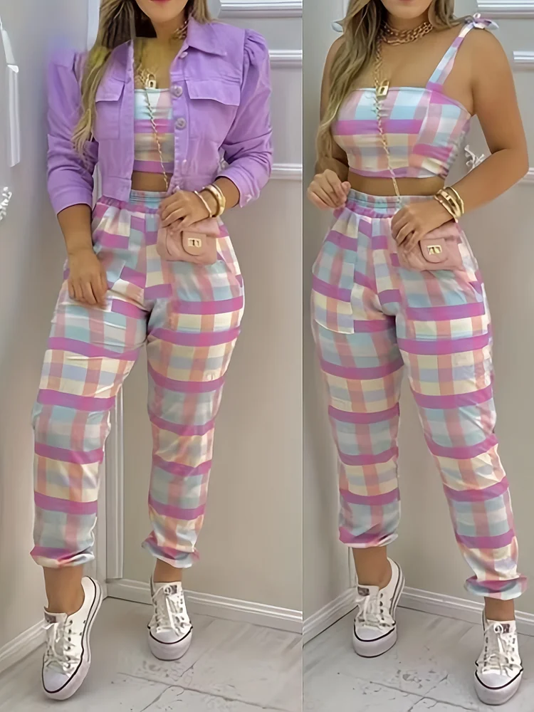 Women's Stylish Pink And White Plaid Print Pantsuit With Adjustable Straps - Perfect For Vacation And Outdoor Fashion, Vacation Pantsuit | Check Pattern | Comfortable Fi