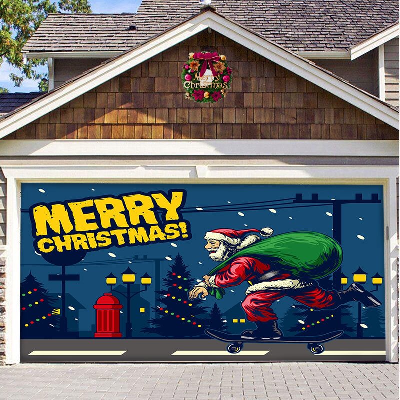 Skate Santa garage door banner ornament