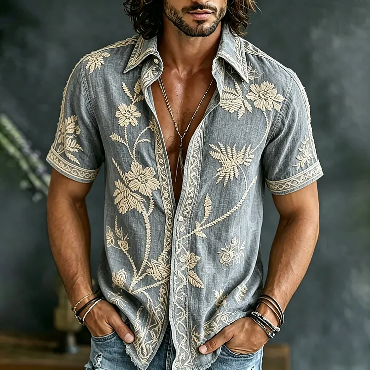 Men's Vintage Floral Art Print Flowy Linen Blend Shirt
