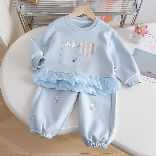 【18M-9Y】2-piece Girls Cartoon Rabbit Print Sweatshirt And Pants Set