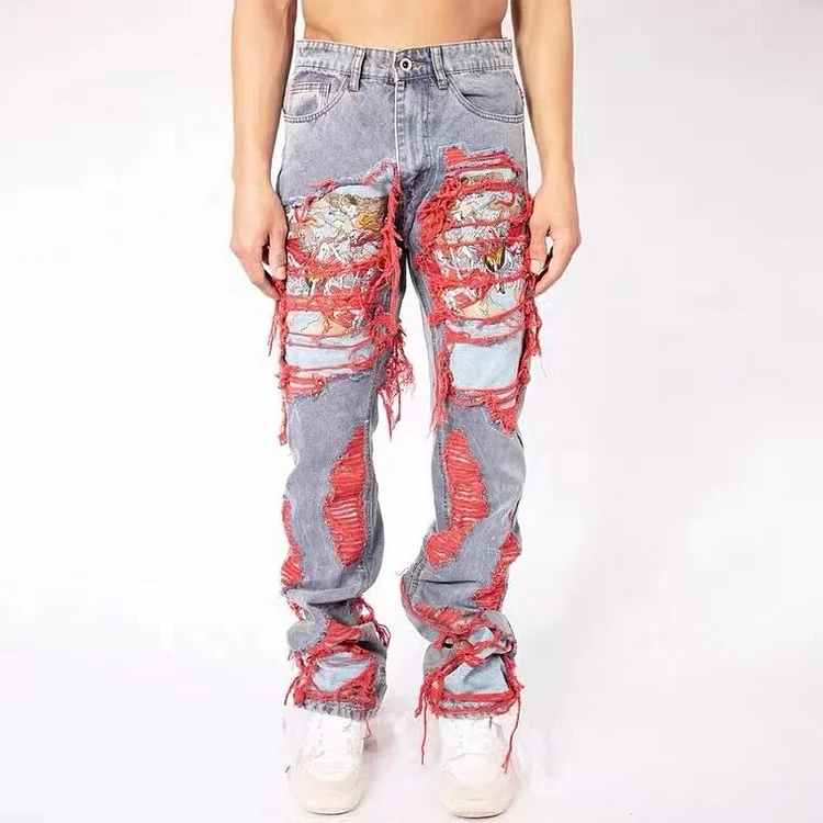 High Street Hip Hop Destroy Brushed Embroidered Baggy Jeans Casual Straight Leg Denim Pants Man Women