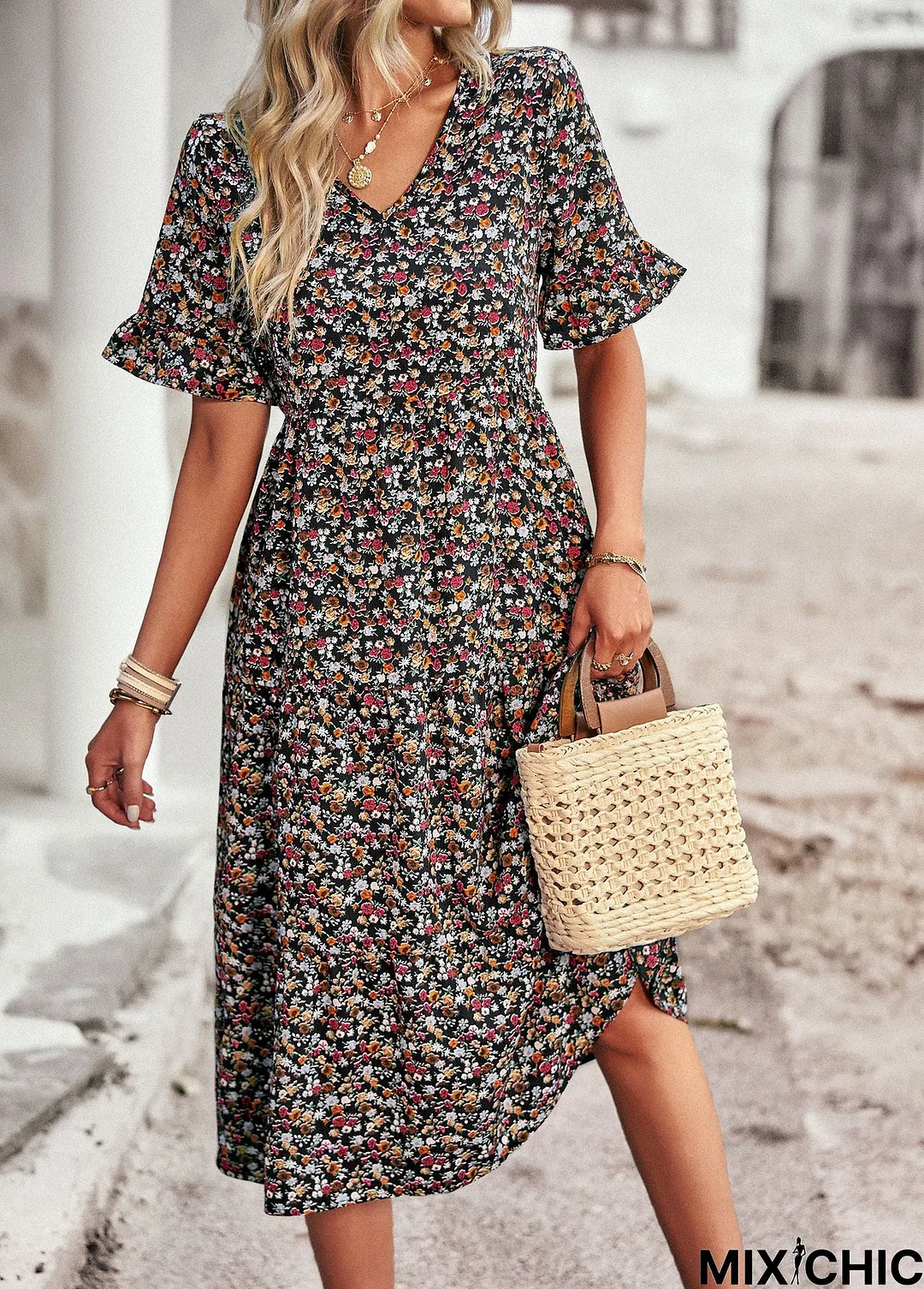 Black Short Sleeve Casual Weaving Dress Flower dress