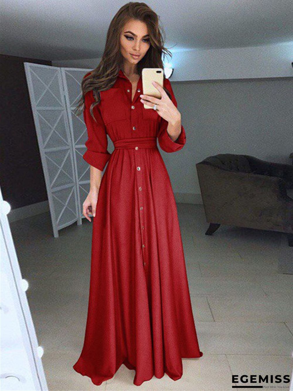 Long Sleeve Button Lace Solid Color Dress | EGEMISS