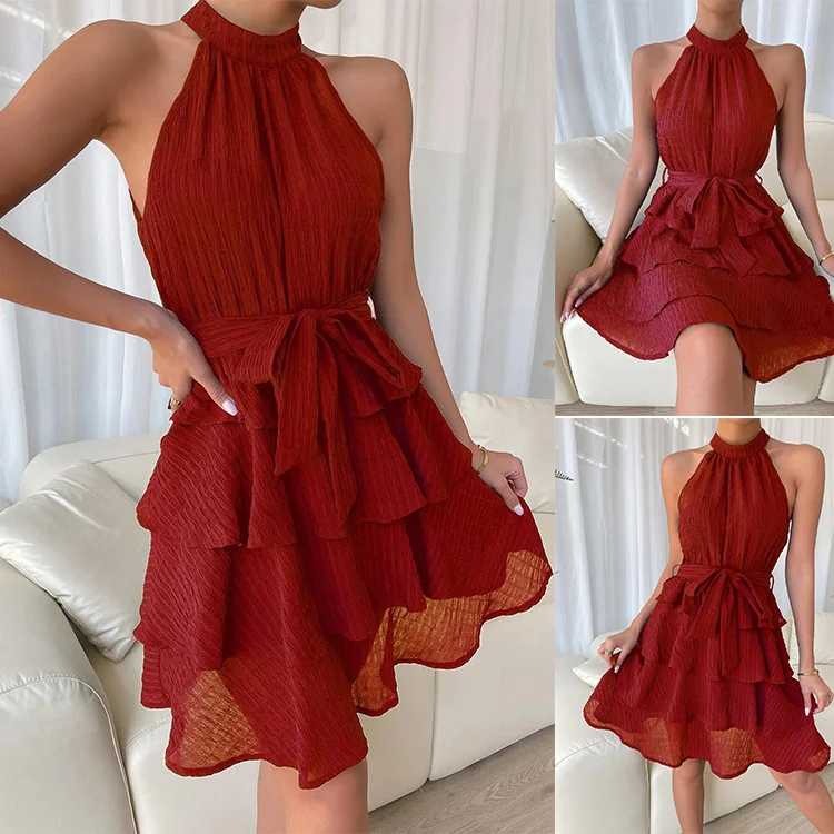 Elegant Hanging Neck Sleeveless Mini Dress