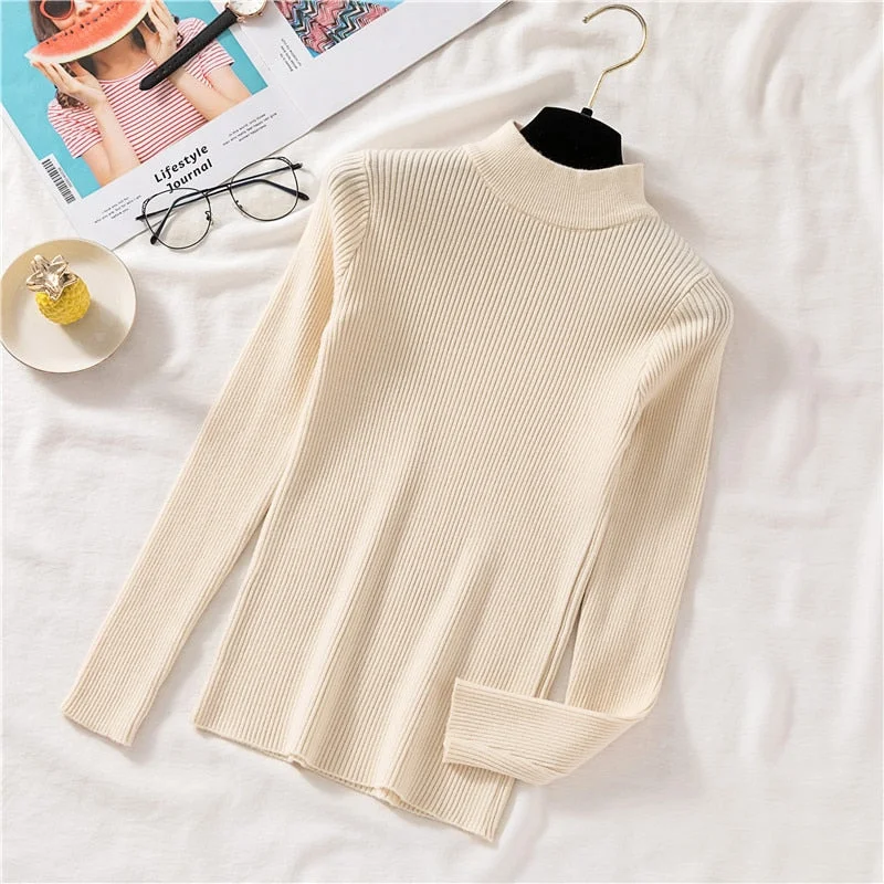 Zoki Autumn Women Pullover Sweater Half Turtleneck Long Sleeve Knitted Jumper Winter Elastic Solid Basic Ladies Blouse New 2021