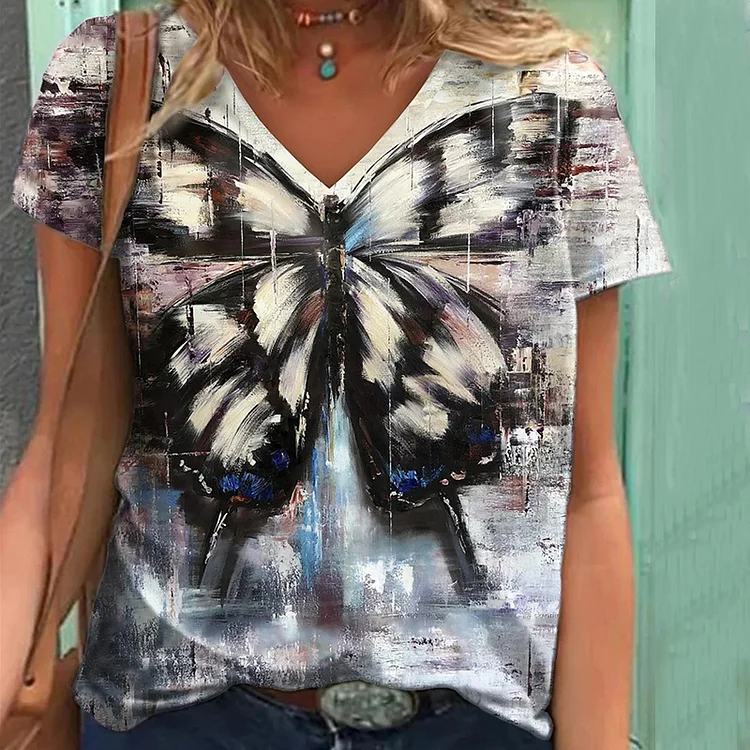 Casual Butterfly Print V Neck Short Sleeve T-Shirt