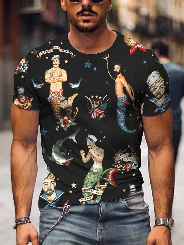 Men's Vintage Mermaid  Sailor Print  Short Sleeve T-shirt socialshop