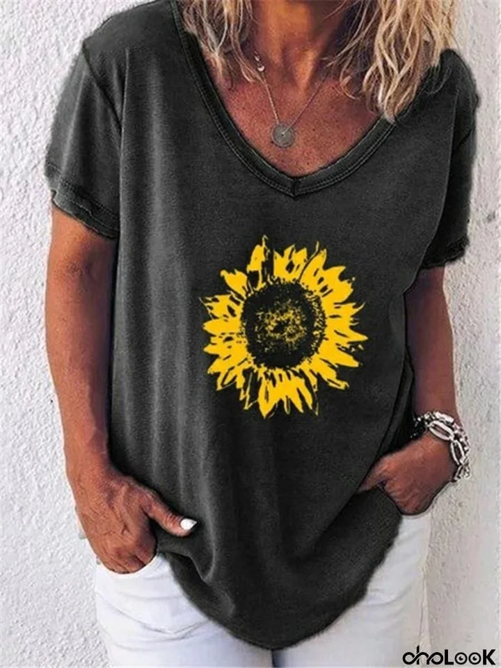 Relaxed Fit Scoop Neck Sunflower Short Sleeve T-Shirt