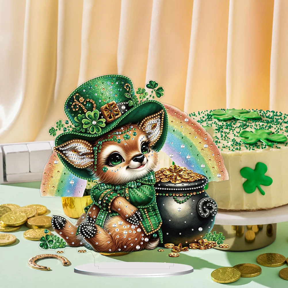 DIY Acrylic St. Patricks Day Deer Special Shape Diamond Painting Tabletop Ornament Creative Home Decor & Gift Idea for Adults - Relaxing Craft Activity