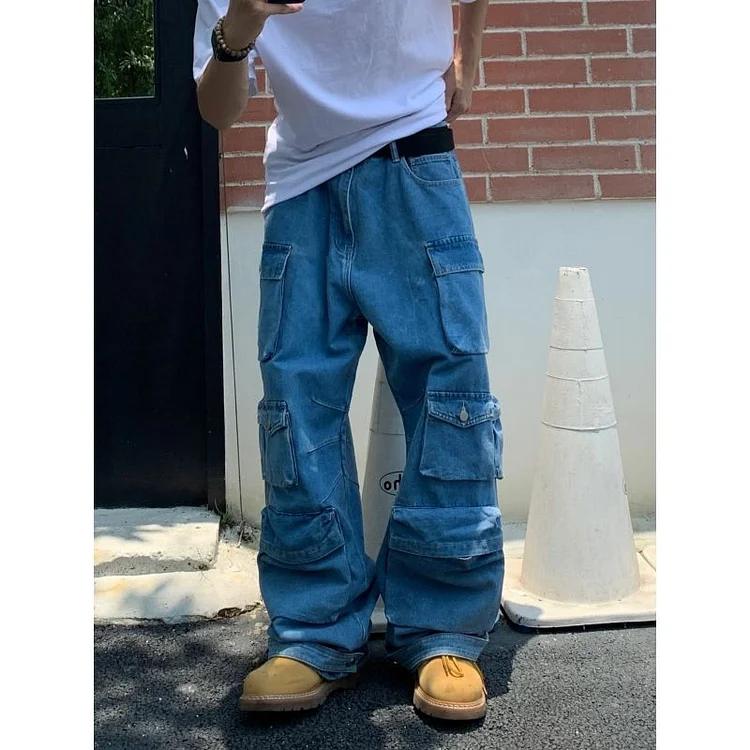 Retro Hip Hop Multi-pocket Men's Oversized Straight Wideleg Cargo Pants Baggy Pants at Hiphopee