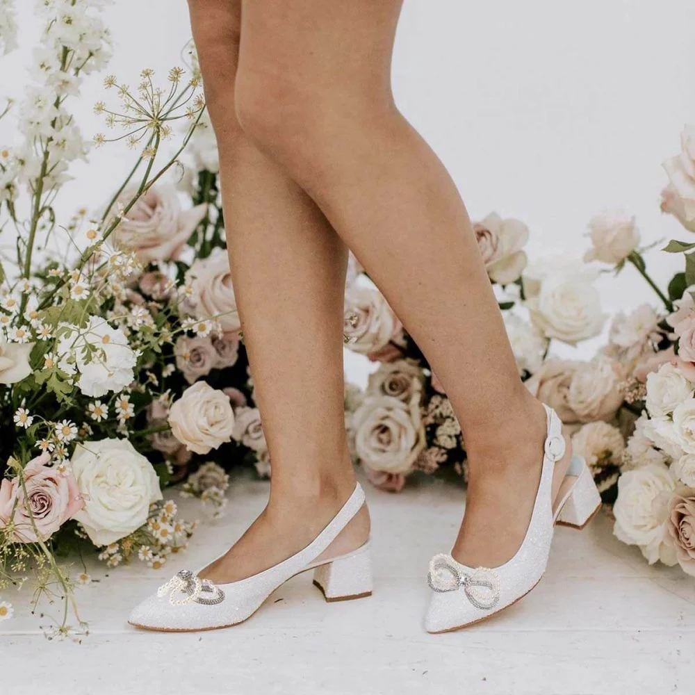 White Glitter High Heels Pointed Toe Rhinestone Heels Chunky Heels Nicepairs