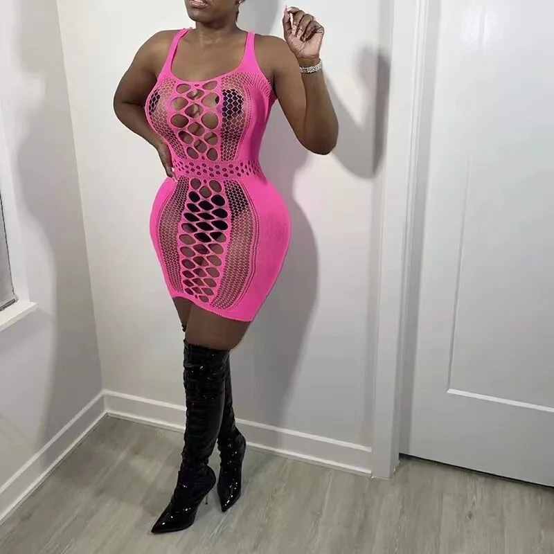 Lingerie Erotic Dress Hollow Out Mesh Hot Bodycon Dress Women Transparent  Party Club Sundress Lenceria Mujer DS047