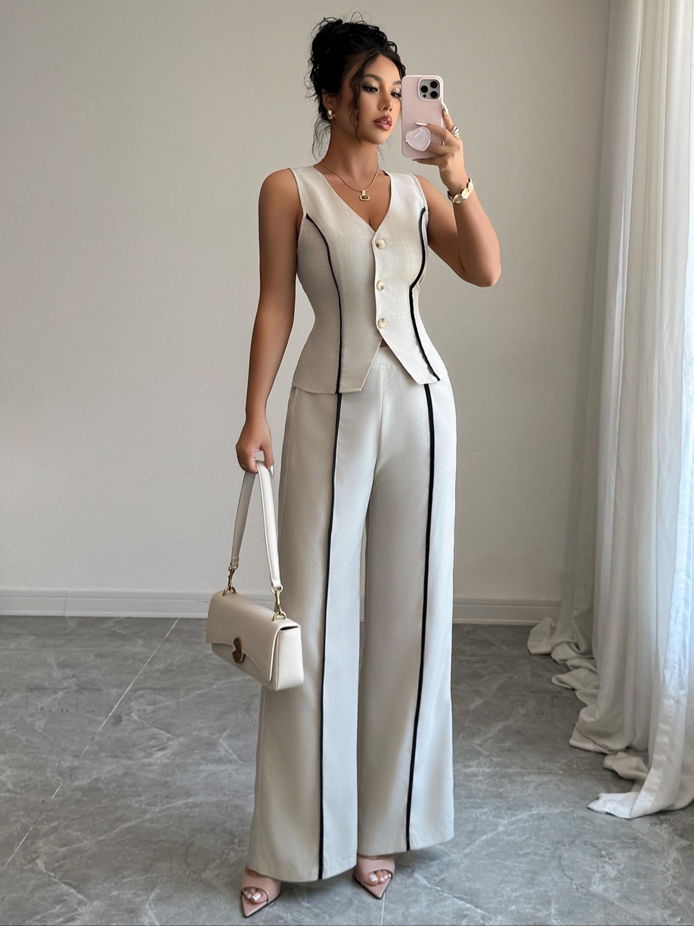 Colorblock V-Neck Sleeveless Button Vest Set Suits with Wide Leg Pants, Spring & Fall Fashion, Minimalist, Slim Fit, Plain Pattern, Natural Waist, Womenswear