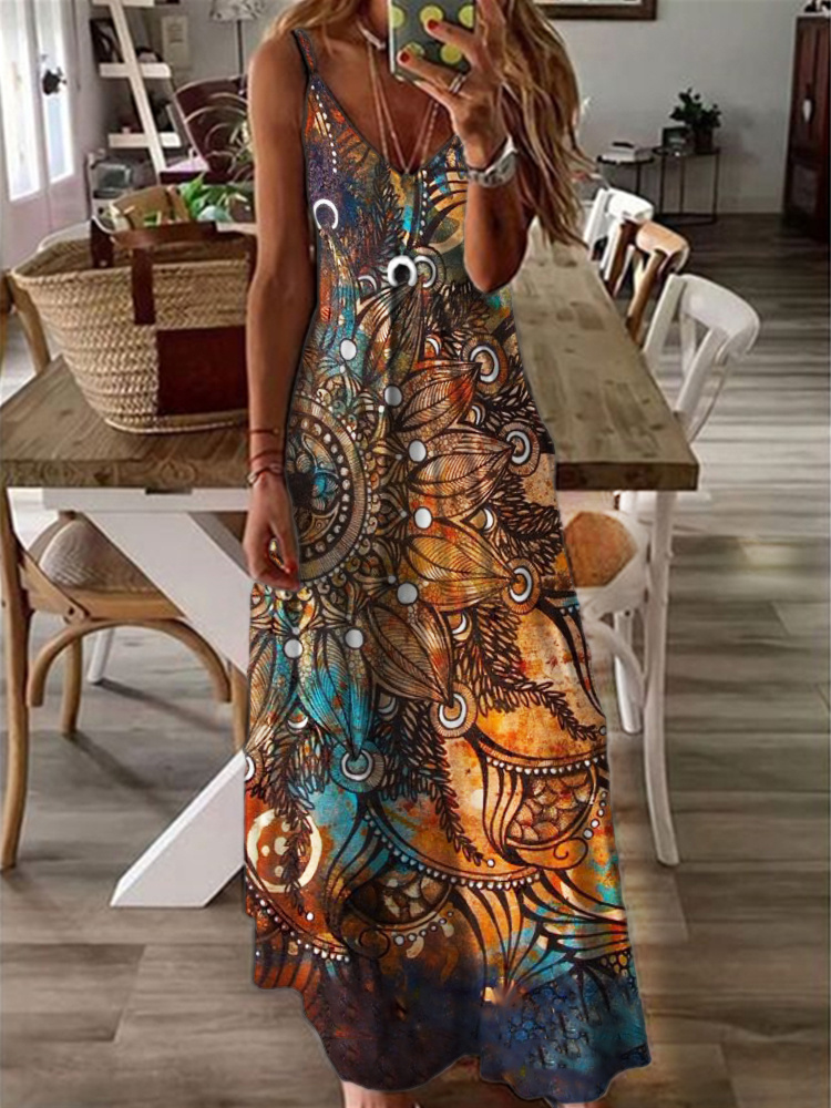  Boho Ethnic Mandala Art V Neck Cami Maxi Dress Westsshops