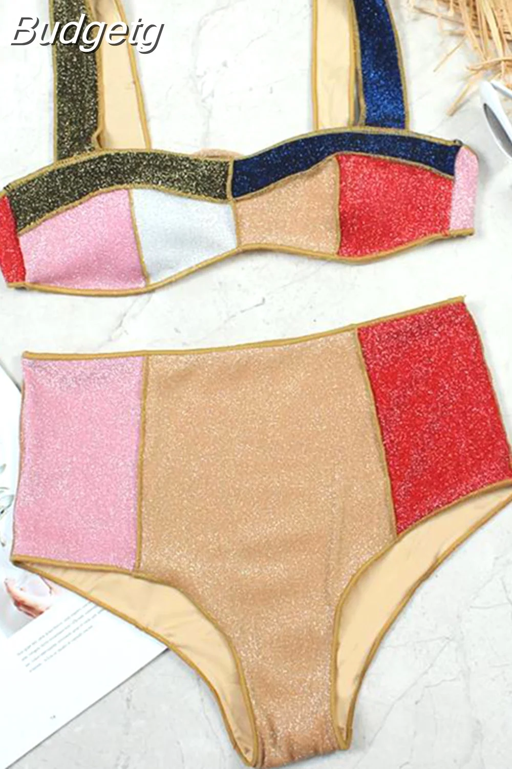 Budgetg Sexy Shorts Sets Female Square Collar Sleeve Lace Up Vest High Waist Short Pants Colorblock Women's Suit 2023 Summer Fashion