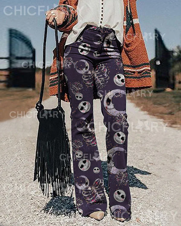 Women's Halloween Skull Moon Print Pants