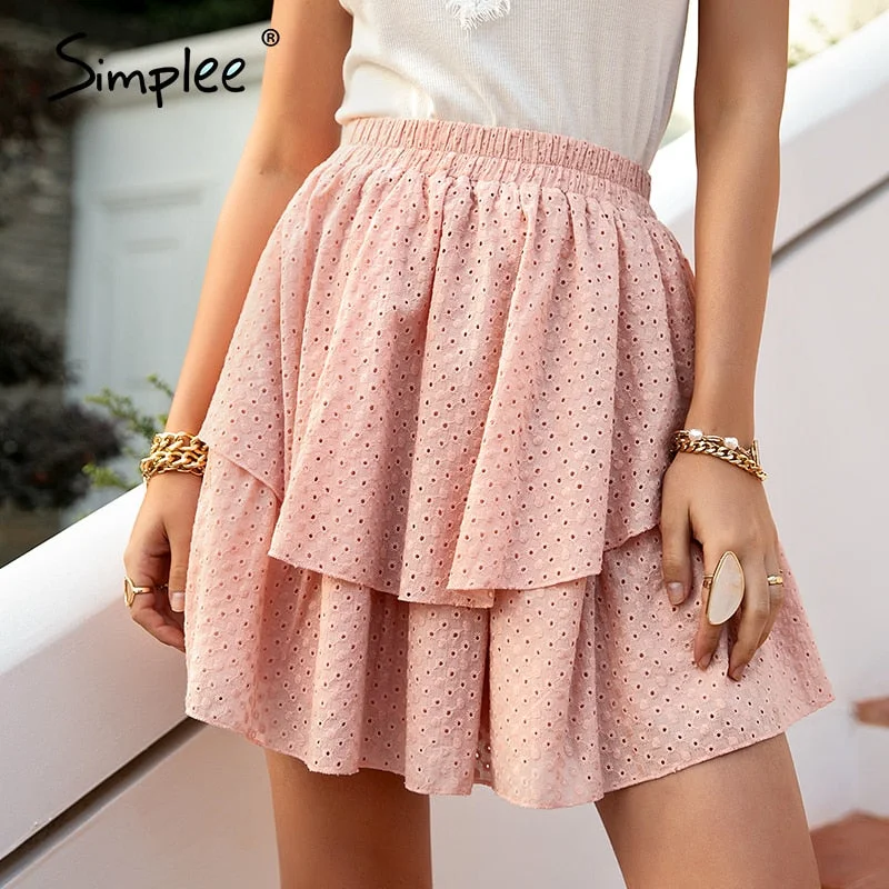 Simplee Pink Cotton High Waist Mini Skirt Casual Ruffled A-line Women Short Skirt Solid Summer Cotton Rmbroidered Female Skirt