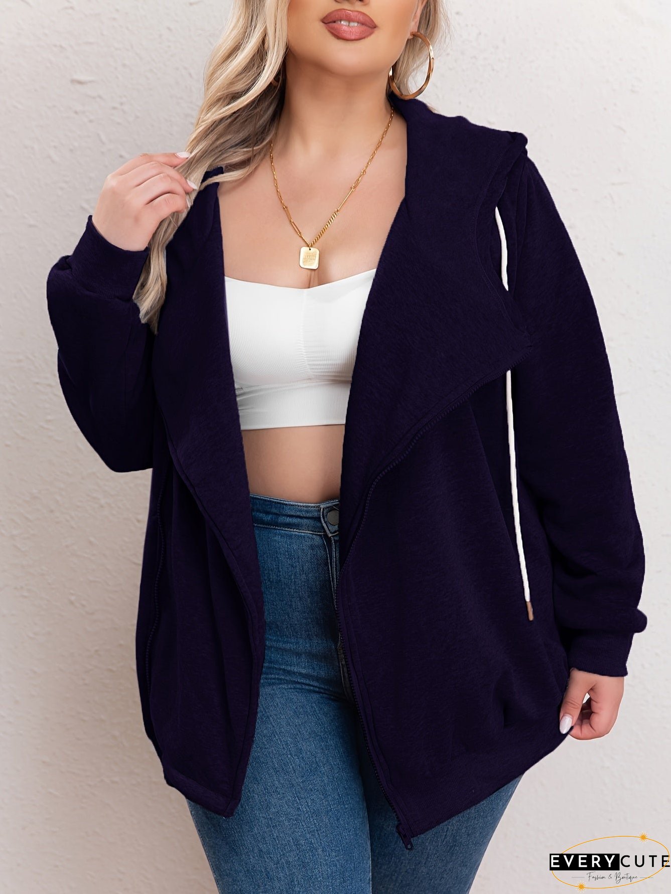 Plus Size Casual Sweatshirt, Women's Plus Solid Zipper Front Long Sleeve Drawstring Hooded Sweatshirt