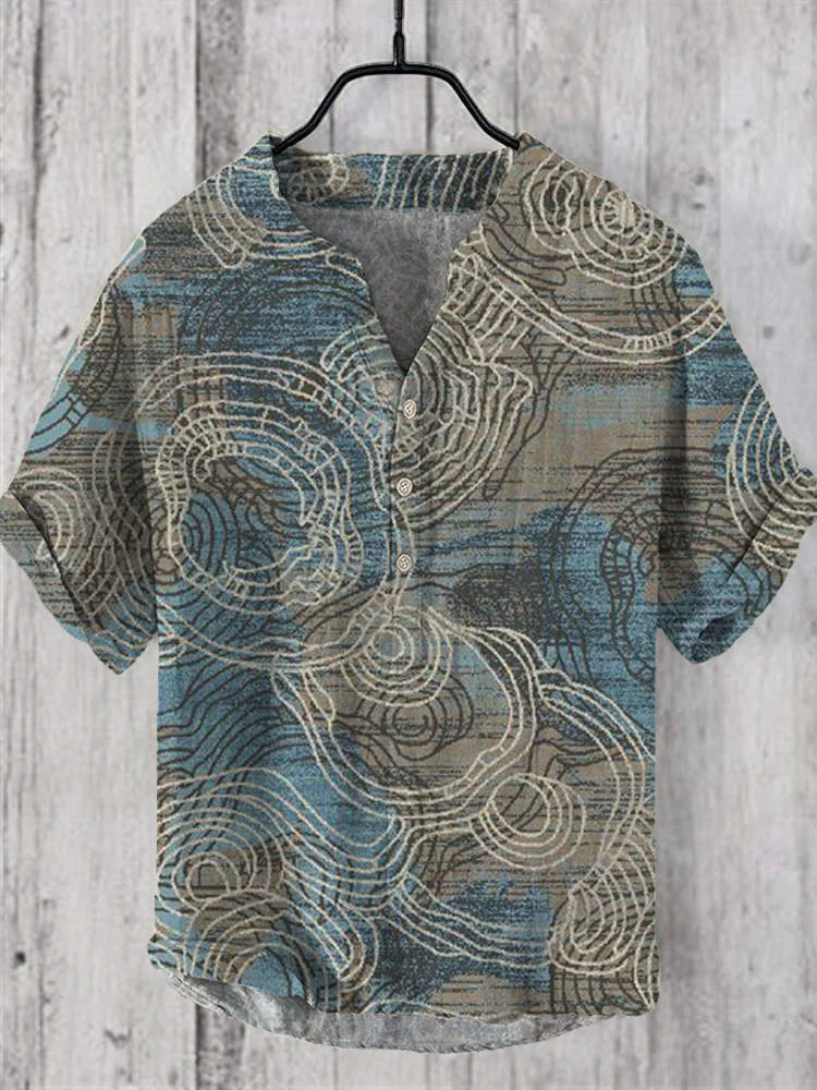Ocean Texture Patterned Linen V-Neck Shirt