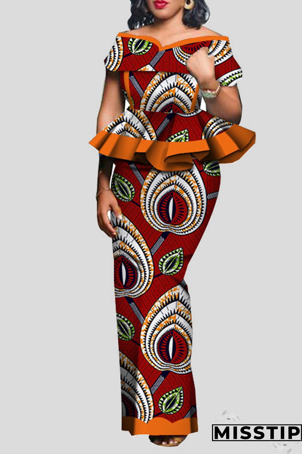 Red Orange Vintage Elegant Print Patchwork Flounce V Neck Short Sleeve Two Pieces