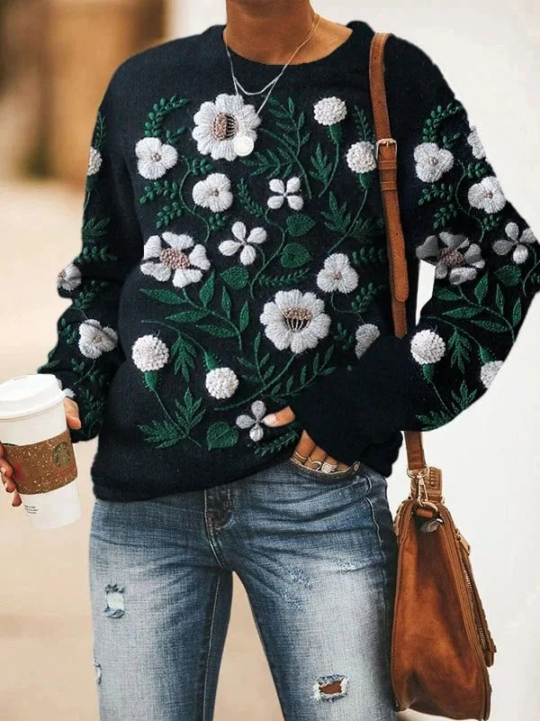 Women's Embroidery White Floral Art Print Sweatshirt