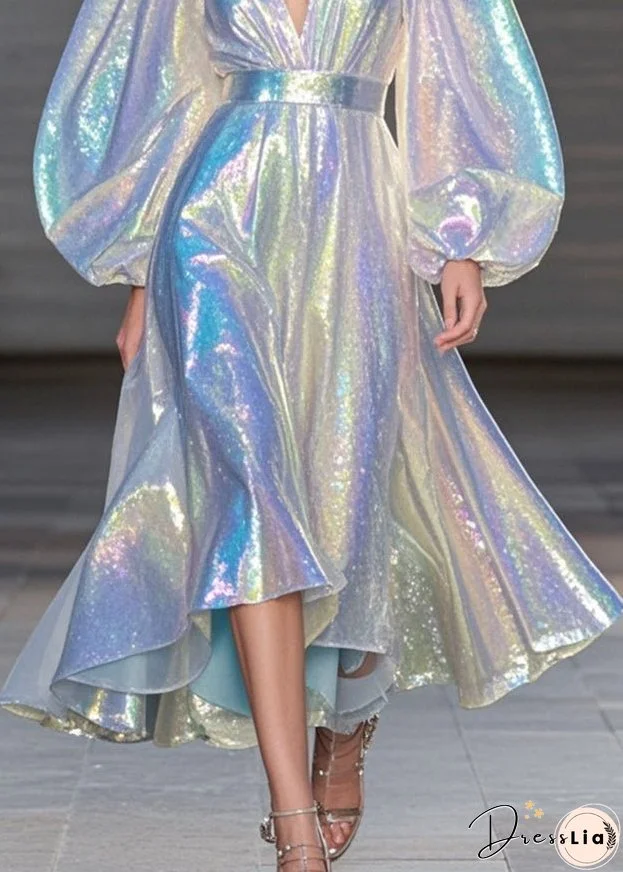 Silvery Silm Fit Holiday Dress Exra Large Hem Puff Sleeve