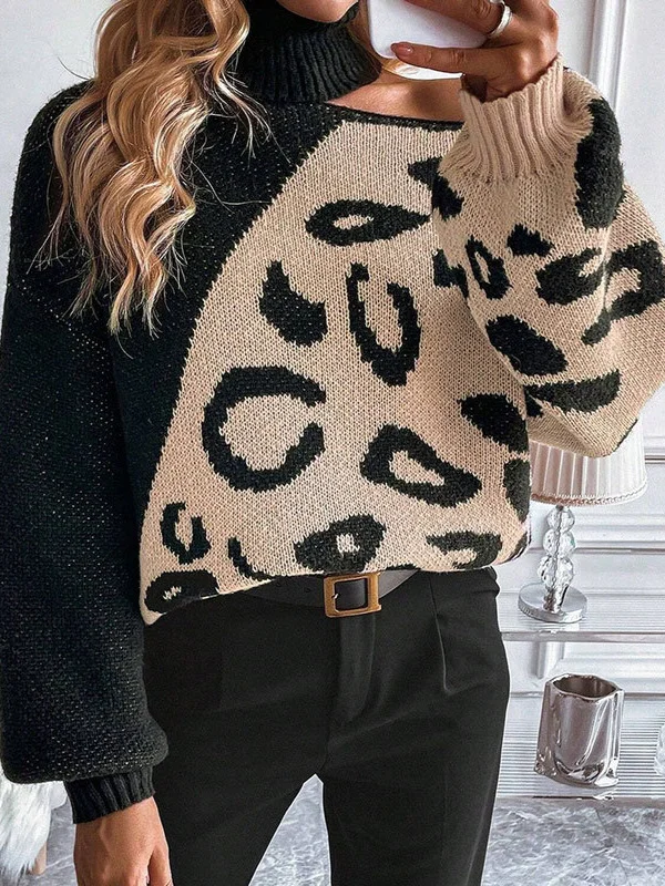 Athvotar Athvotar And Winter New Sweater Women Feel Shoulder Leopard Splicing High-Neck Knitting Shirt Factory